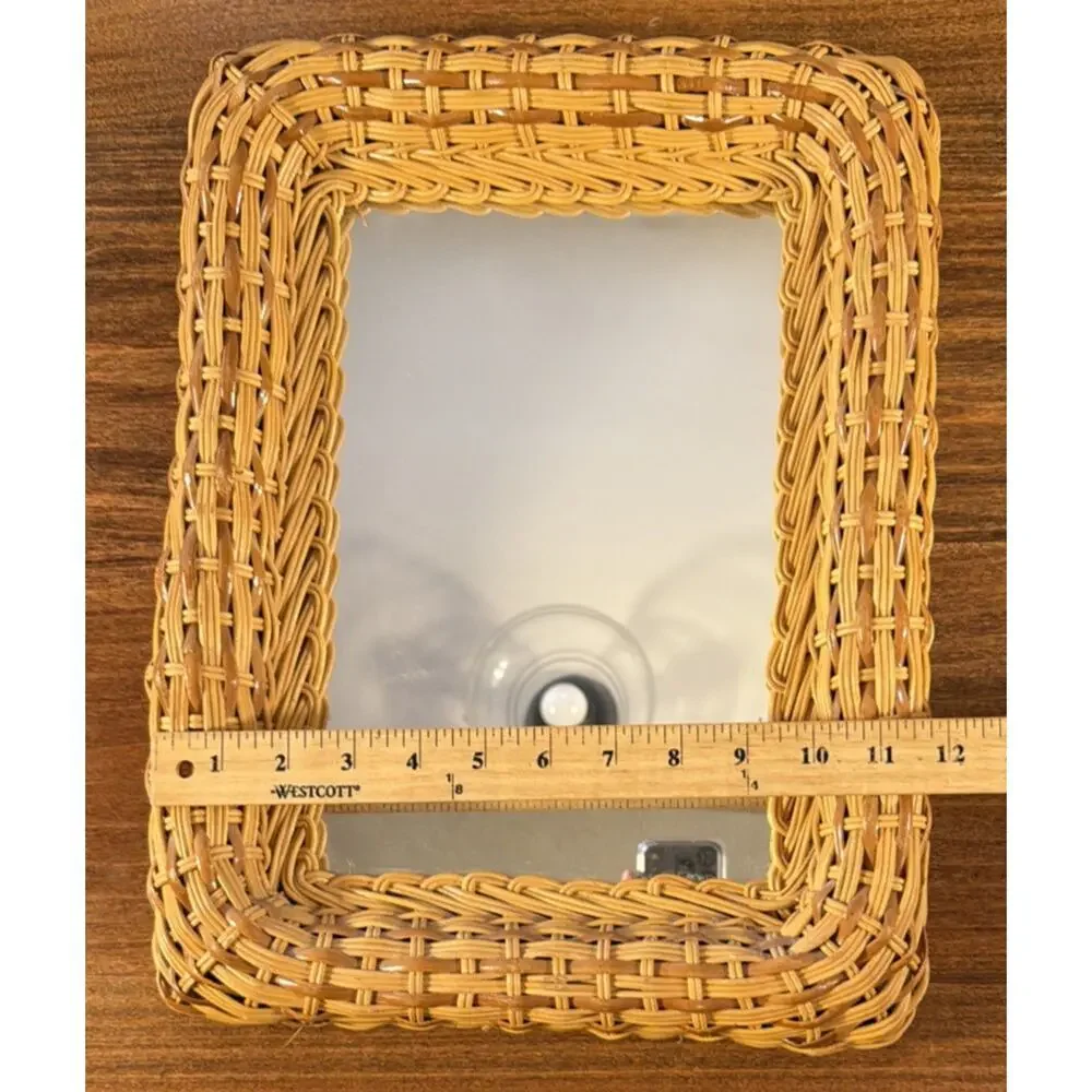 Vintage Rectangle Natural Wicker Rattan Boho Cottage Wall Hanging Mirror